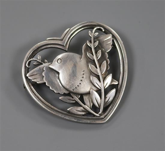 A Danish Georg Jensen sterling silver heart shaped robin and wheatsheaf brooch, no. 239, 1933-1944 mark, 37mm.